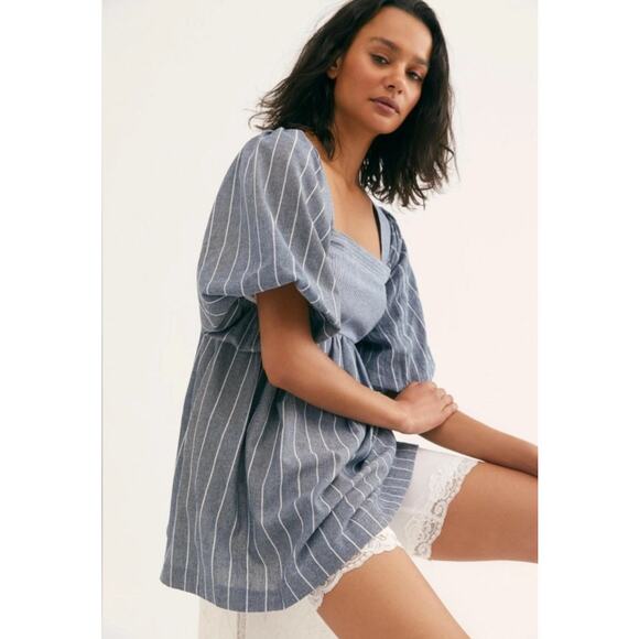 Free People Gigi Stripe Tunic Top Size XS Blue Puff Sleeve Blouse - Picture 2 of 11